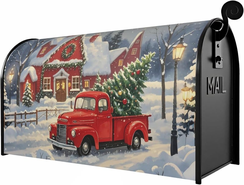 Aytipun Christmas Mailbox Covers Magnetic Standard Size Red Truck House Xmas Winter Scene Mailbox Wraps Holiday Themed Outdoor Decorative Letter Box Cases for Home Garden Outside Decor, 21x18 Inch - Image 2